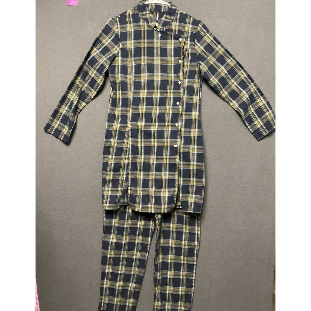 Flannel Plaid 2pc‎ Loungewear Set Women L Pull-On Pants Pockets Long Tunic Top